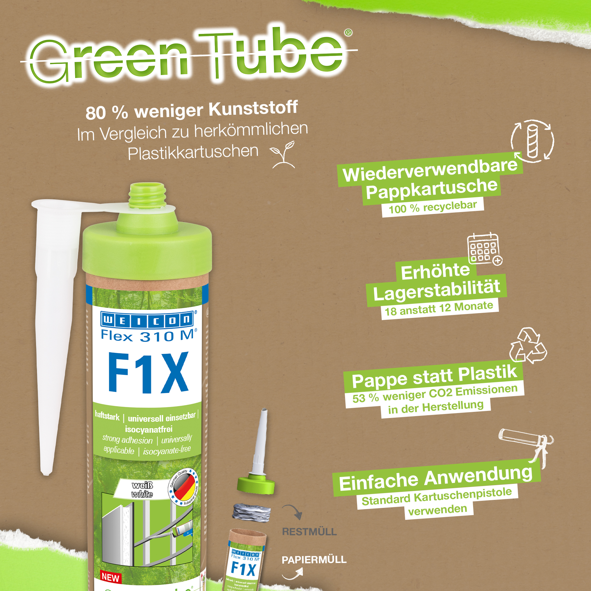 WEICON Green Tube Flex 310 M F1X | MS polymer-based adhesive and sealant with very high initial adhesion, temperature-resistant up to 180°C